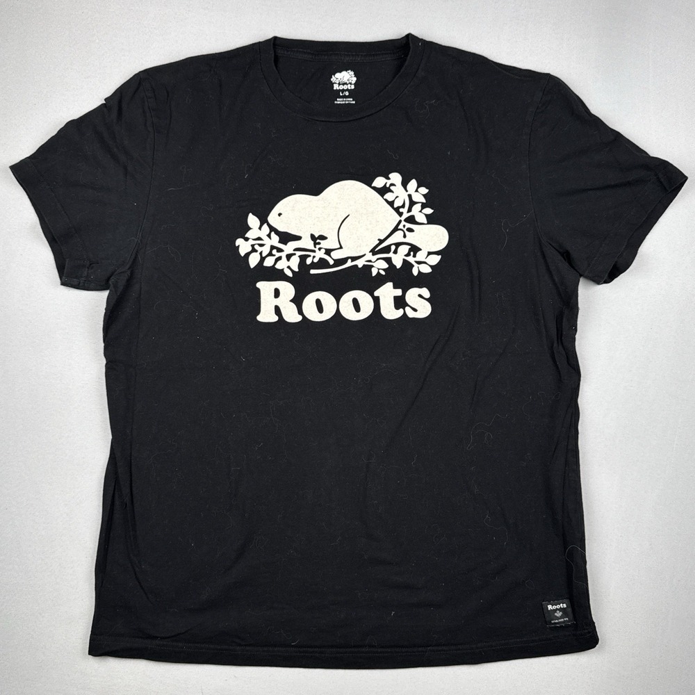 Roots Canada Beaver Logo Black T Shirt Large Flocked Graphic Tee Unisex